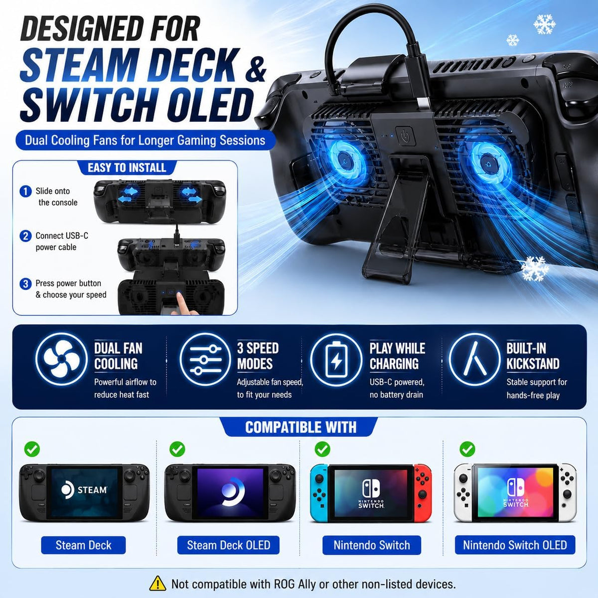 Steam Deck Cooling Fan with Stand, Dual Fan Cooler for Steam Deck, Adjustable Speed USB-Powered Cooler with Blue LED, Portable Cooling Stand for Handheld Gaming - Image 3