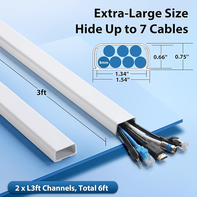 ZhiYo 6 ft Cord Covers for 4-7 Wires on Wall, White, 2 Pack (3 ft Each) | Paintable TV Cord Hider for Wall-Mounted TVs, Self-Adhesive Wire Cover for Walls, Easy Installation, 1.54"W x 0.75"H - Image 2