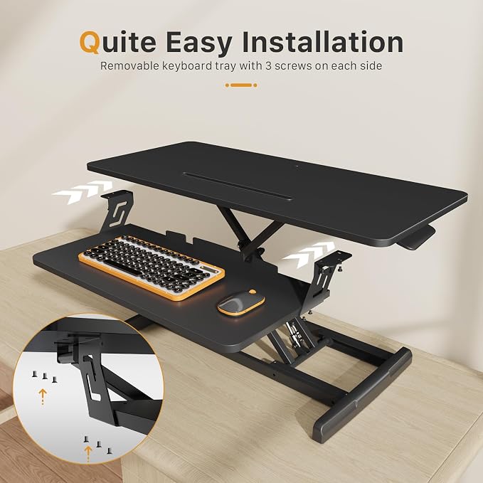 JOY worker Standing Desk Converter, 35" Height Adjustable Sit Stand Riser | Black Desktop Sit to Stand Riser with Fixed Keyboard Tray, Dual Monitor and Laptop Workstation, Particle Board, Home Office - Image 4