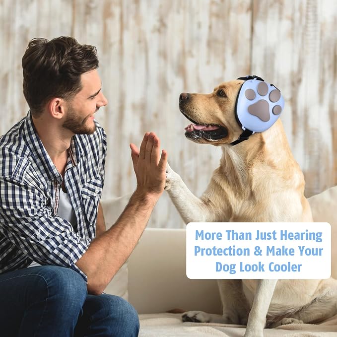 Dog Ear Muffs Noise Protection - 32dB NRR Noise Cancelling Headphones | Upgraded Calming Earmuffs for Hearing Protection, Thunder, Fireworks & Hunting with Dog Paw Design (S, Light Blue-Gray) - Image 7