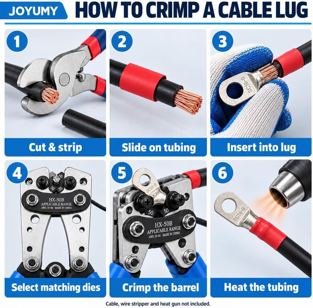 Battery Cable Lug Crimping Tool Kit, AWG 10-1/0 Gauge Wire Crimper, Battery Cable Crimper Tool with Cable Cutter, 64pcs Copper Wire Lugs, 70pcs Heat Shrink Tubes - Image 6