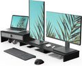 Fenge Triple Monitor Stand with Srorage Drawer, Adjustable Length and Angle | Computer Monitor Riser for 2 or 3 Monitors, Wooden Desktop Laptop Stand, Office Organizer for PC, Screen, Tablet, Black by Fenge