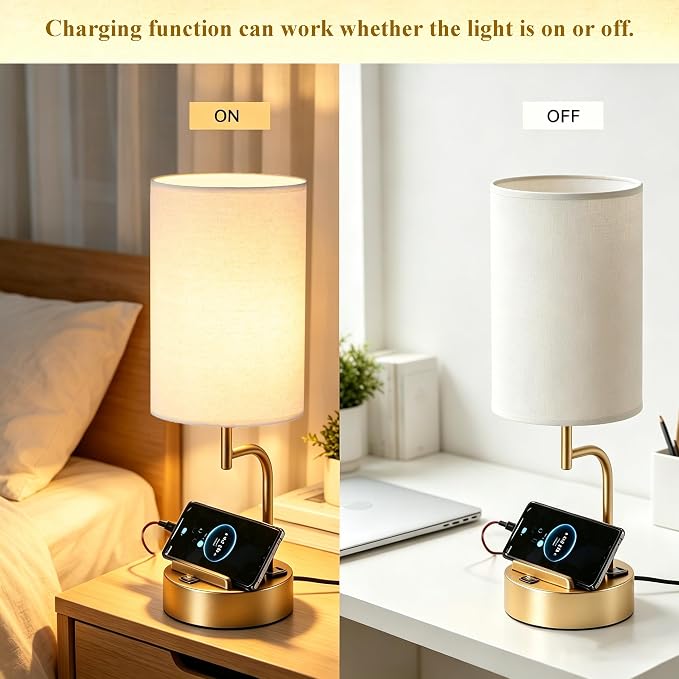 Dreamholder 2 Pack Table Lamp, Bedside Lamp with 3 USB Charging Ports & AC Outlet, USB Desk Lamp with 2 Phone Holders, Linen Fabric Shade Nightstand Lamps for Bedroom Living Room Office, Gold - Image 5