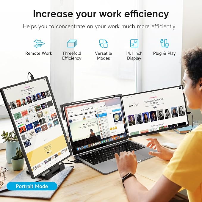 14" FHD 1200P IPS Laptop Screen Extender Fits 14"-17.3" Laptops | Triple Portable Monitor for Laptop, Plug & Play Dual Screen Compatible with Win, Mac, Android&Chrome OS - Image 5