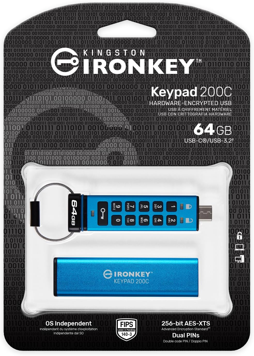 Kingston Ironkey Keypad 200 USB-C 64GB Encrypted Flash Drive | OS Independent | FIPS 140-3 Level 3 | XTS-AES 256-bit | BadUSB and Brute Force Protection | Multi-Pin Option | IKKP200C/64GB - Image 4