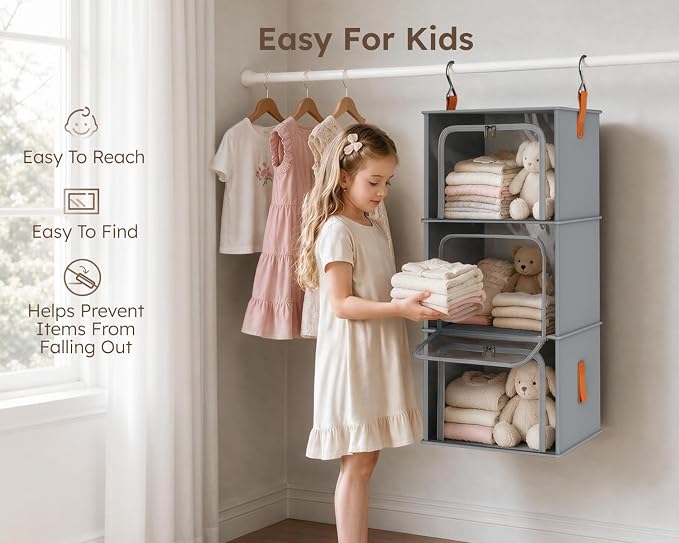 Homsorout 6-Tier Modular Hanging Closet Organizer Shelves, Grey | 3+3 Modular Design, Clear PVC Window, Front Opening, Oxford Fabric, Vertical Storage for Closet, Home, Nursery, Dorm - Image 7