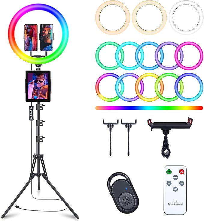 13" Selfie Ring Light with 76" Tripod Stand & 3 Phone Holder, LED Camera Ringlight with 48 RGB Colors Modes & Musical Rhythm Mode and 12 Brightness Dimmable for Makeup/Photography/Videos/Vlog/TikTok by Herrfilk