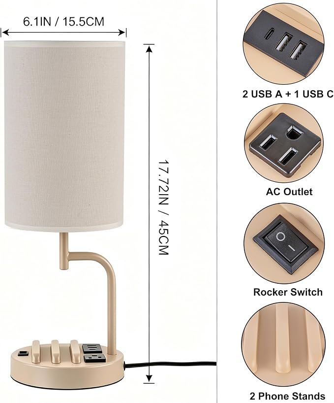 Dreamholder 2 Pack Table Lamp, Bedside Lamp with 3 USB Charging Ports & AC Outlet, USB Desk Lamp with 2 Phone Holders, Linen Fabric Shade Nightstand Lamps for Bedroom Living Room Office, Beige - Image 2