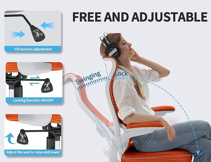 TRALT Office Chair Ergonomic Desk Chair - Gaming Chair with Lumbar Support | 330 LBS Home Office Desk Chairs , Reading Chair with Flip-up Armrests, Comfortable Computer Chairs (1, Orange) - Image 9
