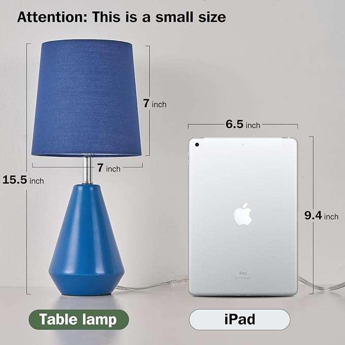 Small Bedside Table Lamp for Bedroom-Reading Desk Lamp Set of 2,with 3 Color Temperatures,15.5" Nightstand Ceramic Lamp with Fabric Shade for Kids Room,Living Room,Dorm,Home Office(Blue) - Image 7