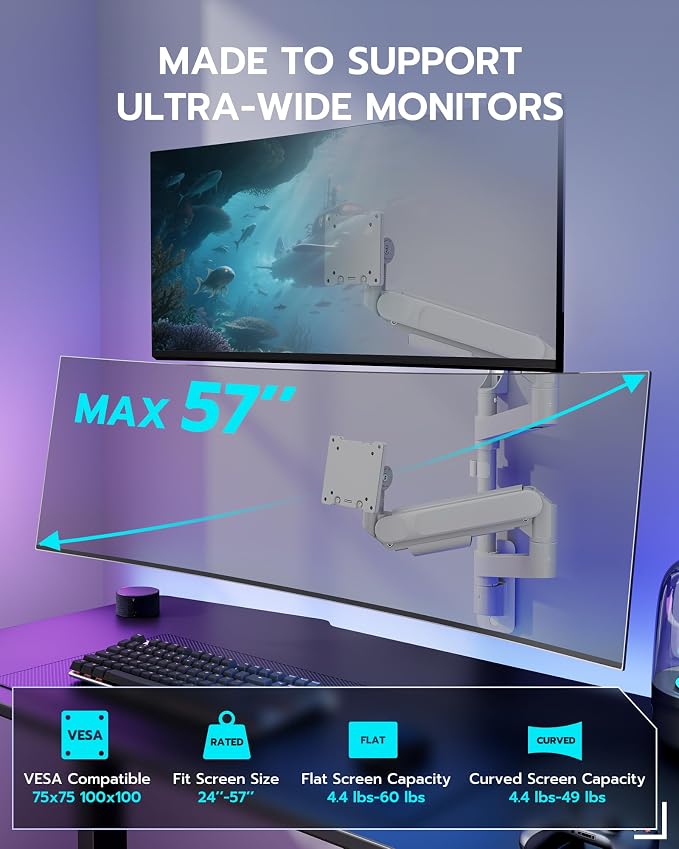 ARES WING Dual Monitor Wall Mount for 24-57 Inch Ultrawide Screen, White | Premium Heavy Duty Gaming Monitor Arm for 60 lbs, Full Motion Gas Spring, Bearing Head for Easy Adjustment, 75/100 VESA Mount - Image 2