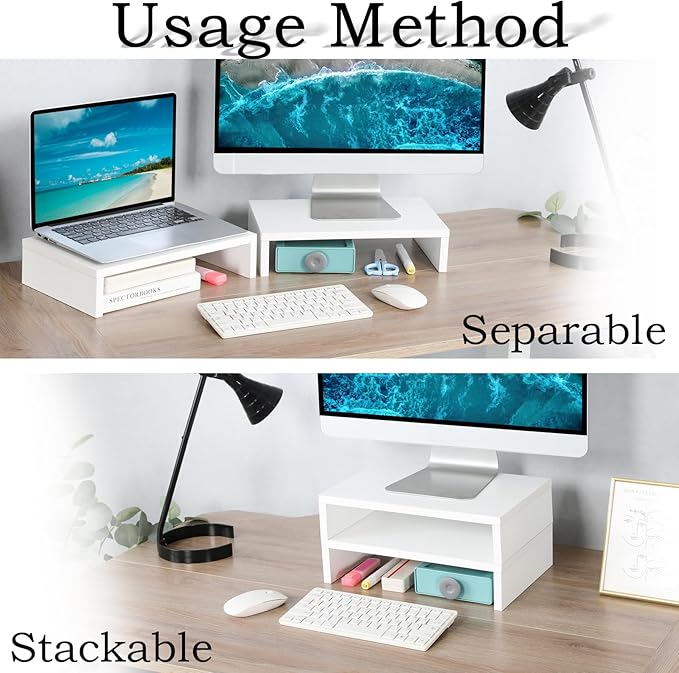 TEAMIX White Monitor Stand Riser, 2 Pack Wood | Dual Stand for 2 monitors. Holds 80 lbs, Stack or Separate Adjustable Use, Fits laptop, TV, PC. For Home Office, Gaming - Image 3