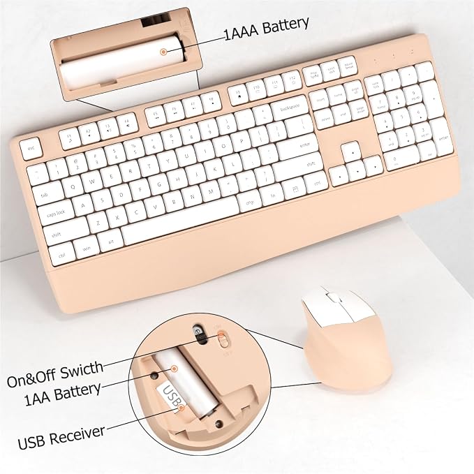 Ergonomic Wireless Keyboard and Mouse Combo with Wrist Rest, White Milk Tea | COVEVA Full Size Keyboard with 12 Dedicated Shortcuts, Smart Auto-Sleep, 2.4GHz Receiver, Natural Typing for PC Laptop - Image 6