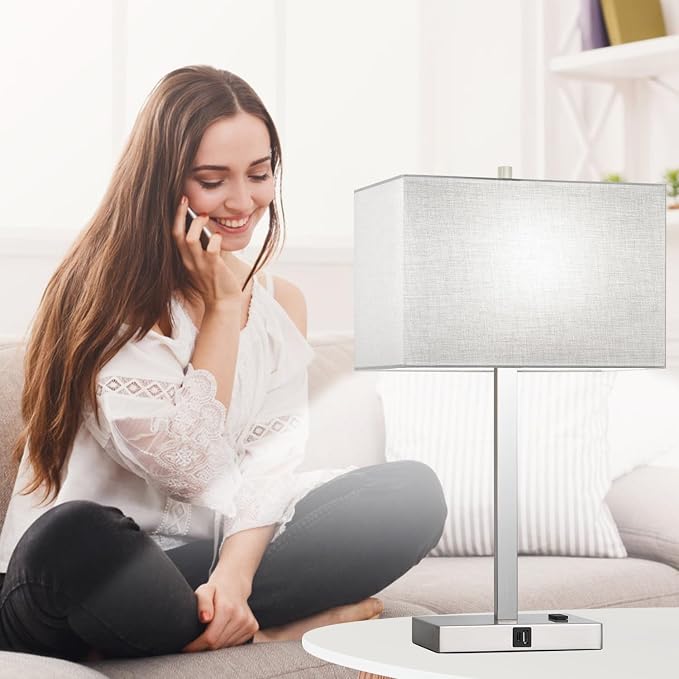 Lynnoland 21" Set of 2 Table lamp with USB A+C & AC Outlets, Touch Control 3-Way Dimmable Nightstand Lamps for Bedroom Living Room Office Reading, Gray Shade Touch Lamps, 5000K LED Bulbs Included - Image 7