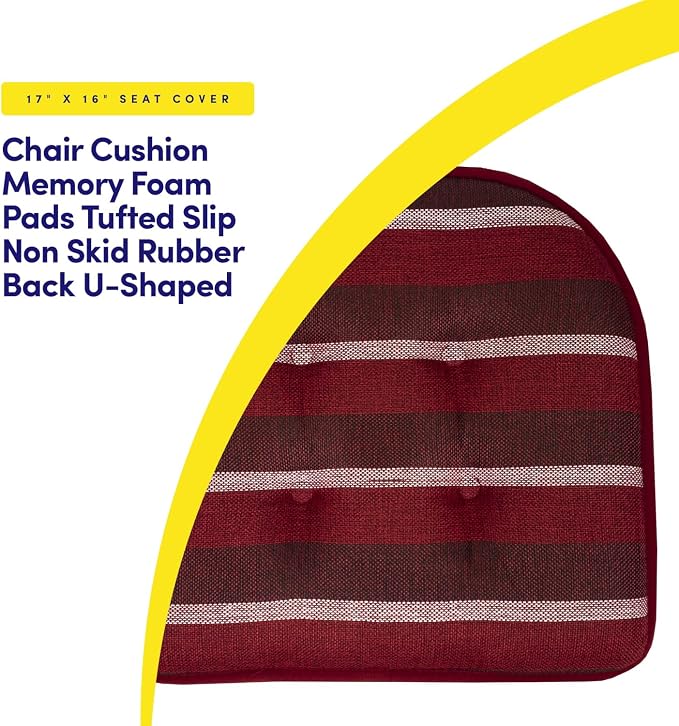 Sweet Home Collection Chair Cushion Memory Foam Pads Tufted Slip Non Skid Rubber Back U-Shaped 17" x 16" Seat Cover, 2 Count (Pack of 1), Bradford Burgundy - Image 3