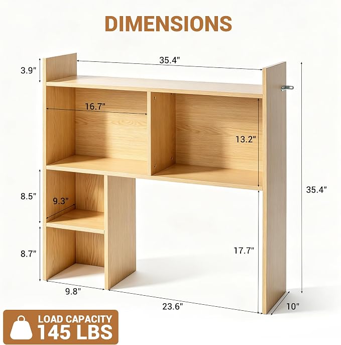 deli Desktop Shelf, Desk Hutch with 5 Shelves for Computer Desk, Natural | 3-Tier Desktop Display Rack, Multipurpose Wood Desktop Bookshelf Storage Organizer for Dorm Office Home - Image 2