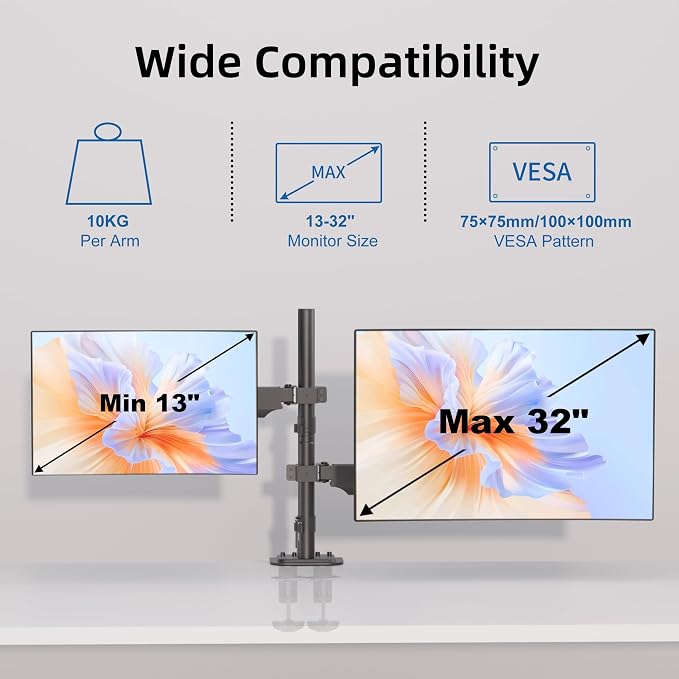 Suptek Dual Monitor Mount Stand-Height Adjustable Gas Spring Monitor Arm Desk Mount for 2 Computer Screens 17 to 32 inches - Each Arm Holds up to 22lbs (MD8822) - Image 2