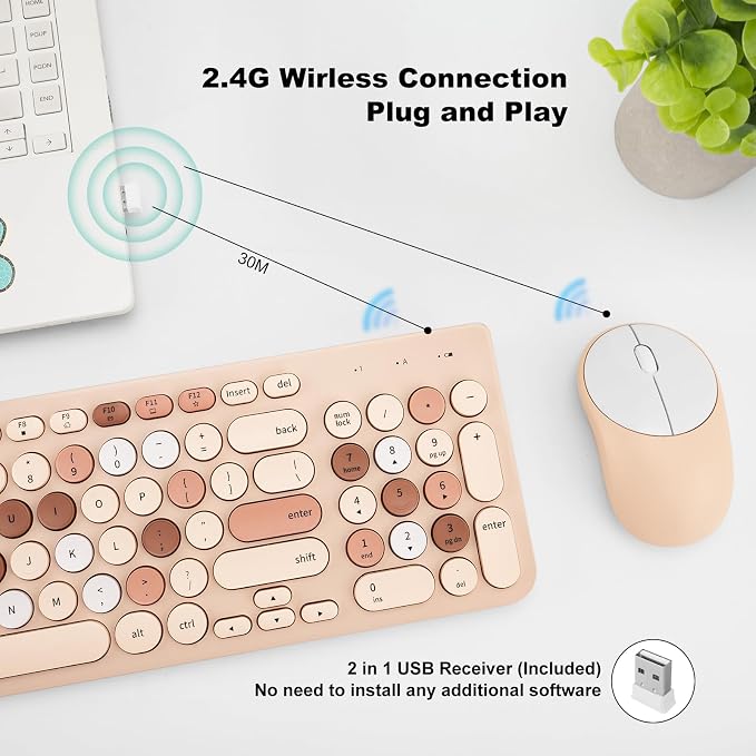 Wireless Keyboard and Mouse Combo, Retro Typewriter Keyboard with Round Keycaps, 2.4GHz USB Cute Wireless Keyboard Mouse for Computer, Desktop, Laptop (Milk Tea Colorful) - Image 2