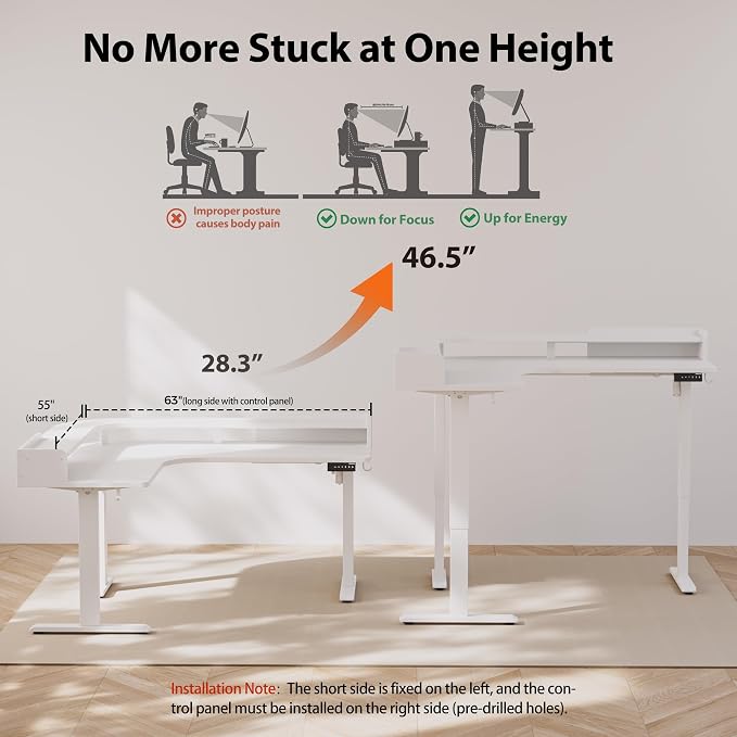 Agilestic L Shaped Standing Desk with Monitor Shelf, 63 Inch, White | Electric Height Adjustable, Dual Monitor Setup, Spacious Corner Desktop, Sturdy Steel Frame, Memory Presets, 264 lbs - Image 4