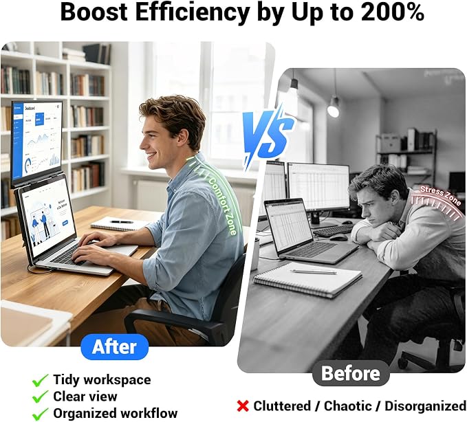Laptop Screen Extender, 15.6" Ultra-Light & Thin Dual Monitor Extender with 1080P FHD IPS, Eye Care & Neck-Friendly, USB-C/HDMI Plug-Play Portable Monitor for Mac/Win/Android, Fits 13-17" Laptops - Image 4