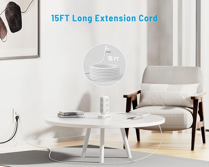 Flat Plug Power Strip Tower, TenTrend 40W Total Fast Charging Station, 15FT | 12 AC Outlets & 8 USB Ports (4 USB C), Dual PD 20W, 10FT Extension Cord for Desk Office Dorm Room - Image 5