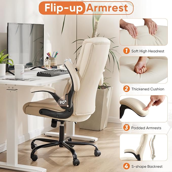 Sweetcrispy Home Office Desk Chairs, High Back PU Leather Chair | Heavy Duty, High Back, Flip-up Armrest, PU Leather, Height Adjustable, Rolling Wheels, Beige - Image 7