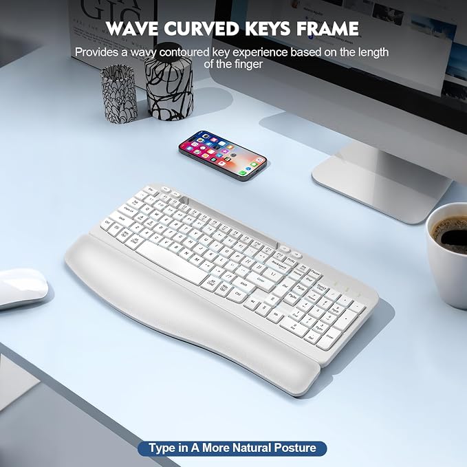 EAYBLLY 2.4G Wireless Ergonomic Keyboard, Full Size Wave Keys with Memory Foam Wrist Rest & 7.28in Phone Holder, USB-C Adapter Included for Windows Mac Chrome OS, Office or Home (White) - Image 7