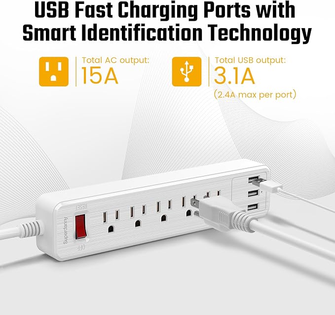 Power Strip, SUPERDANNY Surge Protector, 5 Outlets, 3 USB Ports, 4.5 Ft Extension Cord, 900 Joules, Mountable, Overload Switch, Protected Indicator Light, Multiple Protections for Home Office, White | 900 Joules, Mountable, Overload Switch, Protected I... - Image 2