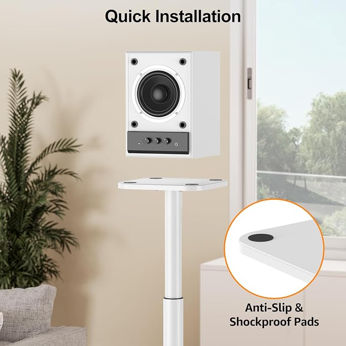 Speaker Stands Pair, 28"-37.4" Height Adjustable, Max 22 lbs, Glass Base | Surround Sound Speaker Stand with Cable Management, Universal Floor Stand for Bookshelf Satellite Studio Large Speaker, White - Image 6