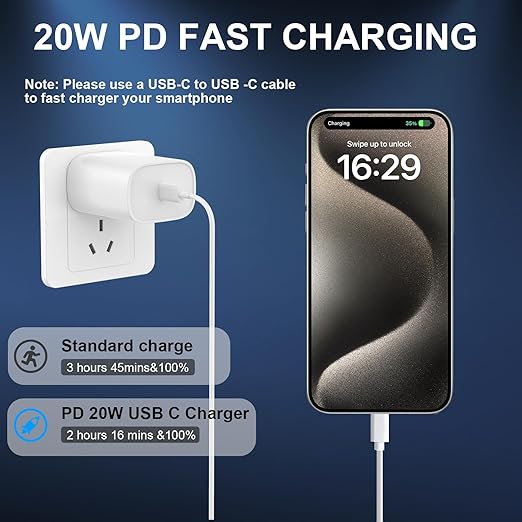 Phone 15 Charger, 20W USB C Fast Charging Block and 3ft Type C to Type C Cable Cord for Phone 15/15 Pro/15 Pro Max/15 Plus, Pad Pro 12.9/11 inch,Pad Air 5th/mini-White - Image 4