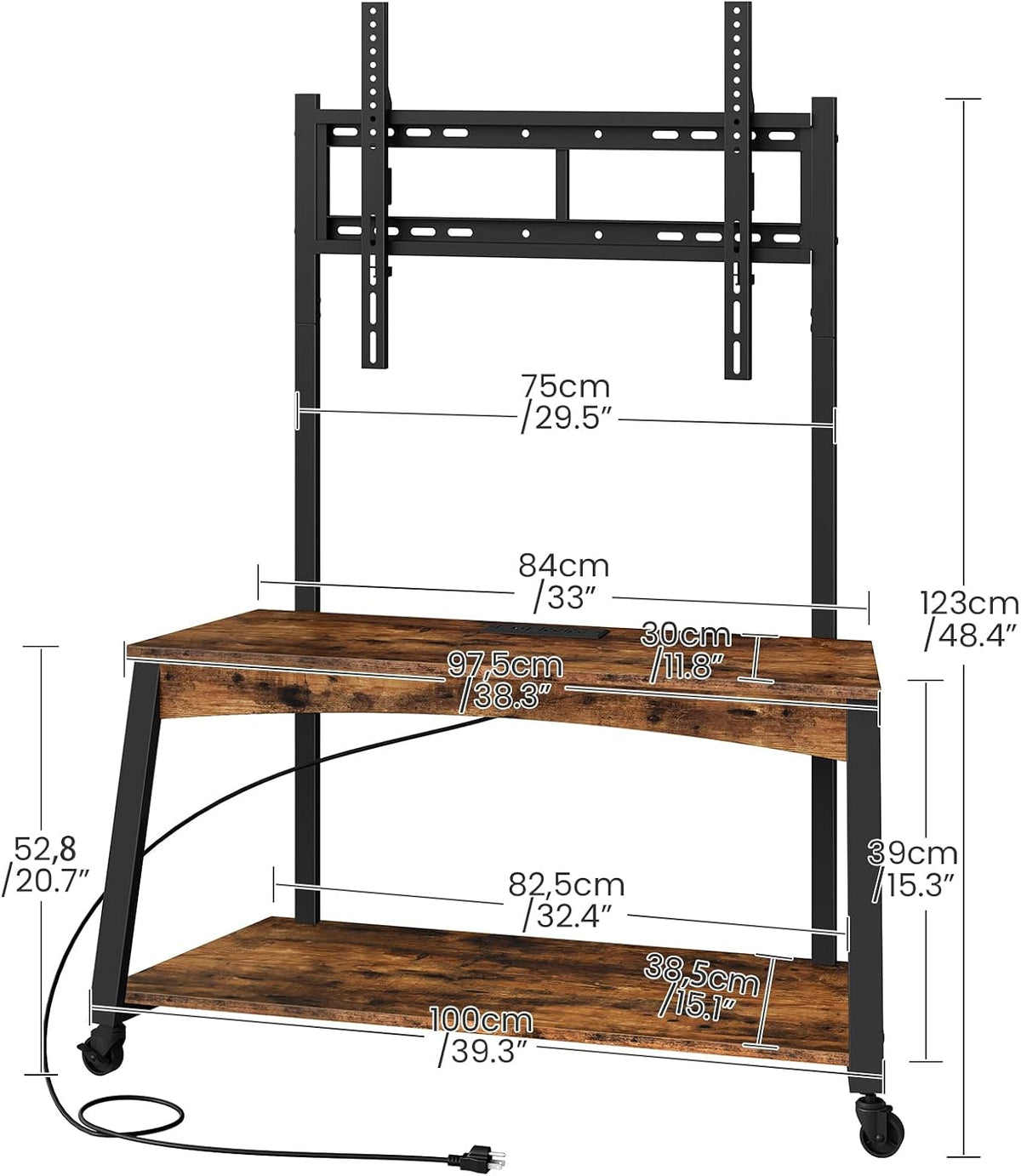 Mobile TV Stand with Charging Station and Adjustable Mount, 2-Tier Rolling TV Console Table for TVs up to 70 inch, for Living Room, Bedroom, Rustic Brown and Black TDS10UBF - Image 6