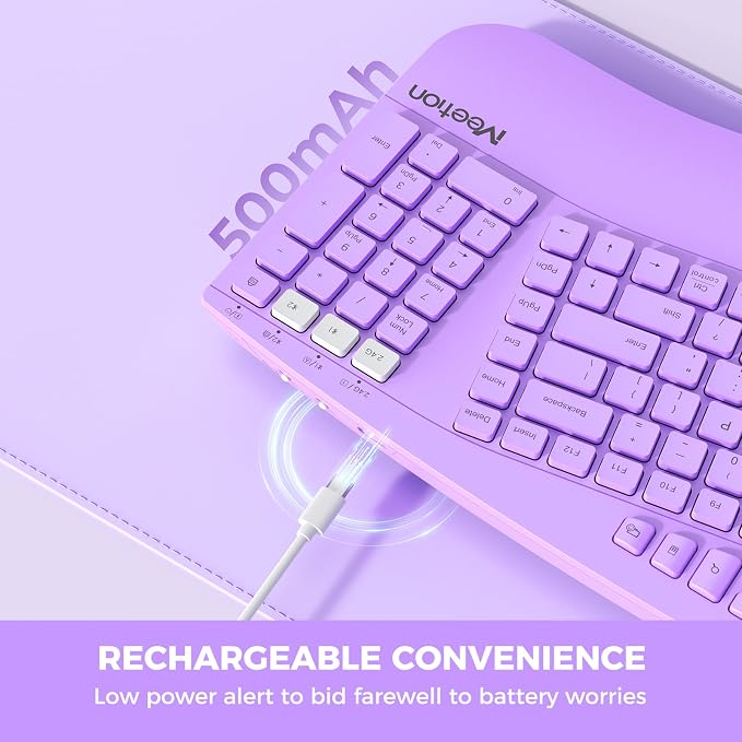 MEETION Wireless Ergonomic Keyboard, Split Design with Wrist Rest, Purple | Comfortable split keyboard with Bluetooth connection, rechargeable and wrist rest, ideal for home office and computer use - Image 4