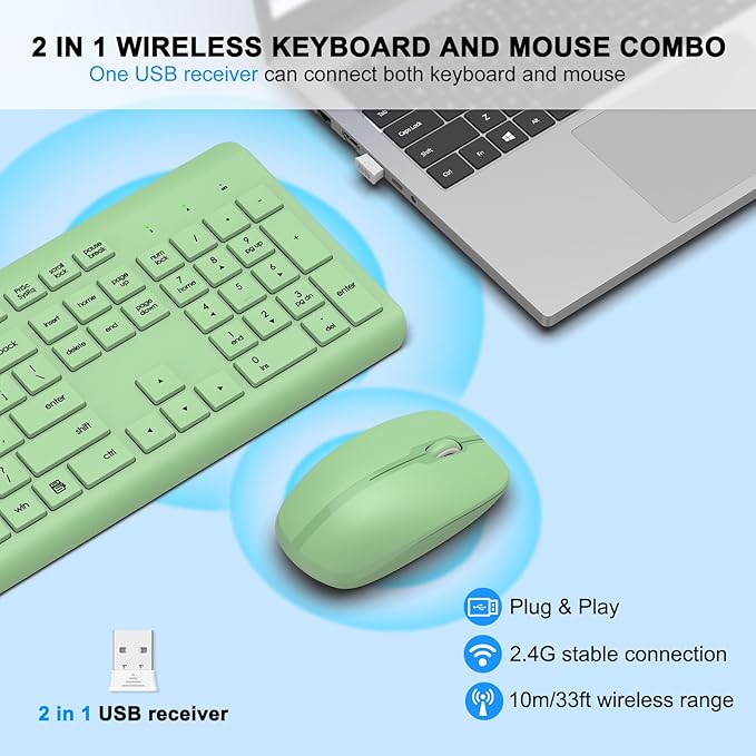 Wireless Keyboard and Mouse Combo, Full-Size Silent Ergonomic Keyboard and Optical Mouse, Long Battery Life, 2.4G Lag-Free Mice Keyboard for Mac, Laptop, PC, Windows(Avocado Green) - Image 2