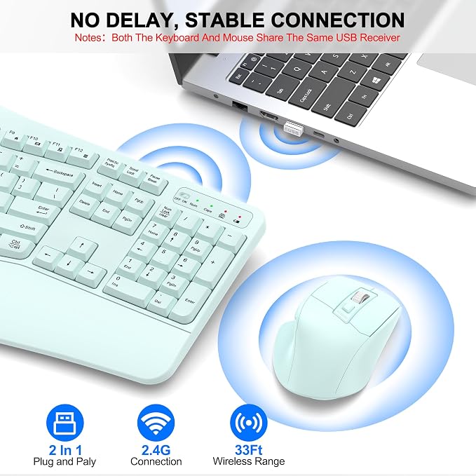 Wireless Keyboard and Mouse Combo, 2.4G Ergonomic Wave Key(Mint Green) | Full Size Wave Keyboard with Wrist Rest, 3-Level DPI Adjustable Ergonomic Mouse for Windows and Mac OS Desktop/Laptop/PC - Image 5