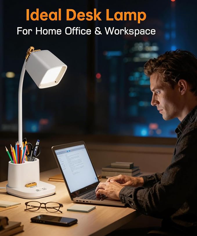 LED Desk Lamps for Home Office with Charger, Organizer, Desk Light Table Lamp for Bedroom, Study, Reading, Work, Nail, Gooseneck Small Desk Lamp for Artist, Puzzle, Drawing, Eye-Caring LED Office Lamp - Image 5