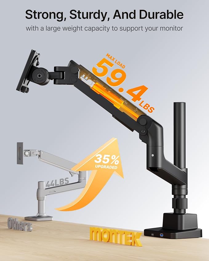 monTEK Ultrawide Monitor Arm Max 57",Height Adjustable 25.5",with USB，Black | Fits 17–57" Curved Monitors, Up to 59.4 lbs,Heavy Duty 75/100 VESA Monitor Stand with USB 3.0A/C,No Sag,Gaming & Office - Image 3