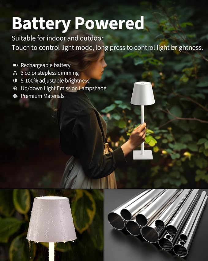 KDG 2 Pack Cordless White Table Lamps, Rechargeable Portable LED Desk Lamps | 5000mAh Battery Operated 3 Color Stepless Dimming Up for Restaurant, Bedroom, Outdoor Party, Camping, Coffee Shop, Nightlight - Image 4