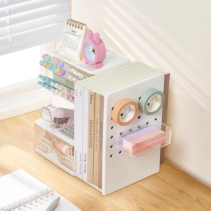 Sooez Desk Organizer with Bookends, Pegboard & Drawer, Pen & Pencil Holder | Desk Accessories with 5 Compartments, Teacher School Office Supplies, Dorm Room Organization Storage for Sticky Notes, Purple - Image 8