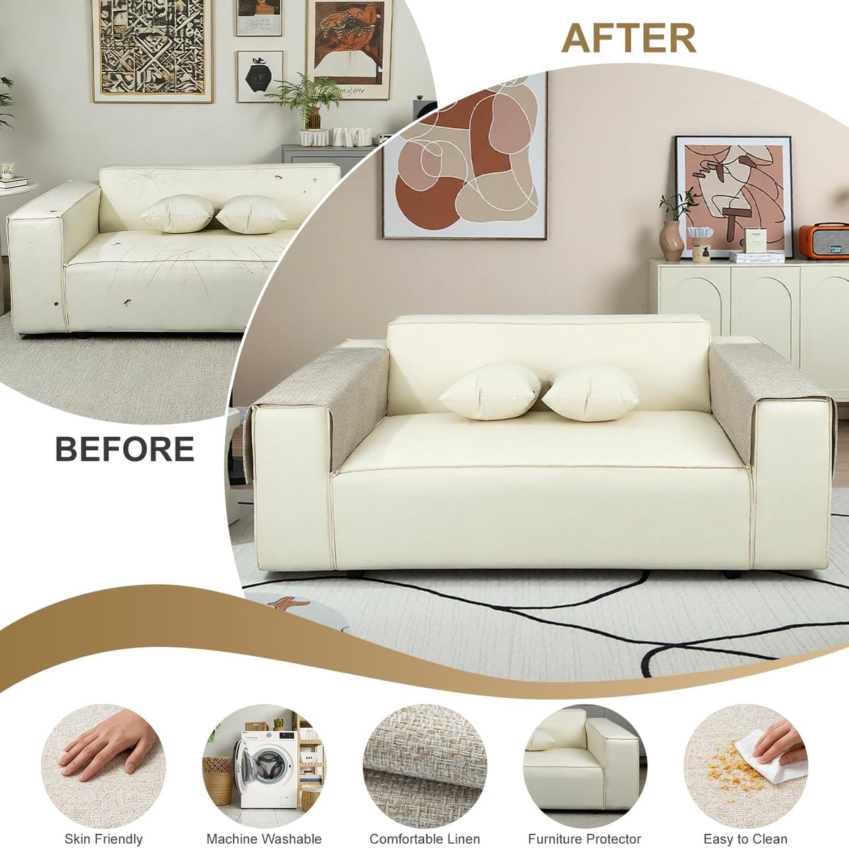 Couch Arm Covers, Arm Chair Covers Set of 2, Non-Slip Sofa Arm Covers, Washable Armrest Cover, Recliner Arm Cover, Sofas Headrest Cover for Sofa/Armchair/Loveseat/Sectional (Beige, 24" x 20" -2pcs) - Image 6