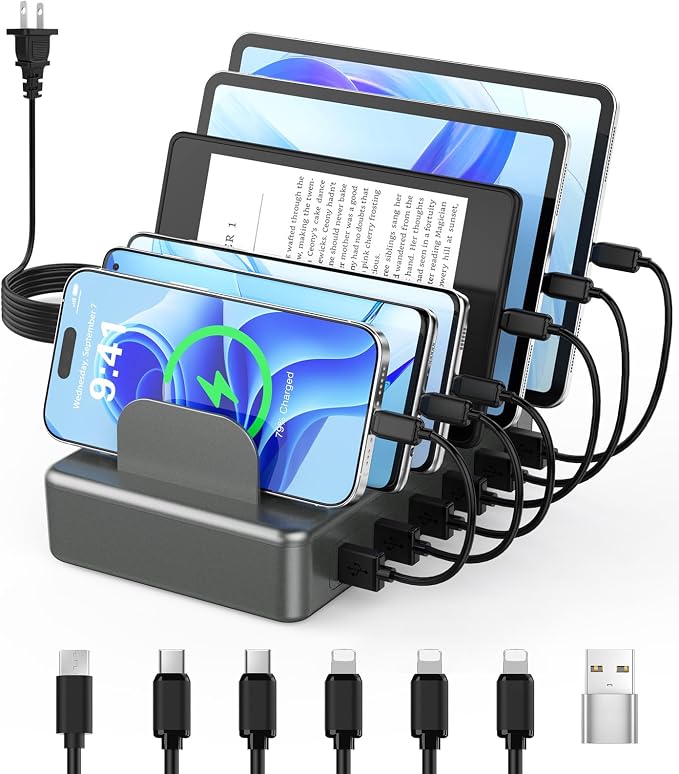 50W 6 USB Port Charging Station for Multiple Devices, Multi Charger Station | with 6 Cables, USB-A to USB-C Adapter Converter, Compatible with iPhone,iPad Kindle Tablet and Other Electronic（Space Gray) by CREATIVEDESIGN