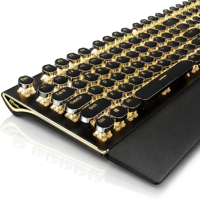 RK ROYAL KLUDGE S108 Typewriter Mechanical Keyboard, Wired Gaming Keyboard with Number Pad, Full Size Retro Keyboards w/Detachable Wrist Rest for Mac/Win/PC, Clicky Blue Switch, Yellow Backlit Black by RKROYALKLUDGE
