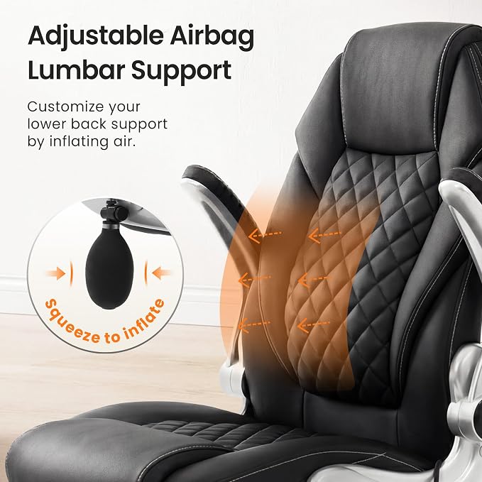 NEO CHAIR Ergonomic Office Chair, Executive Leather Chair, Lumbar Support | Executive Desk Chair with High Back, Flip-Up Arms and Wide Seat, Comfortable Gaming Chair for Home Office, Black - Image 4