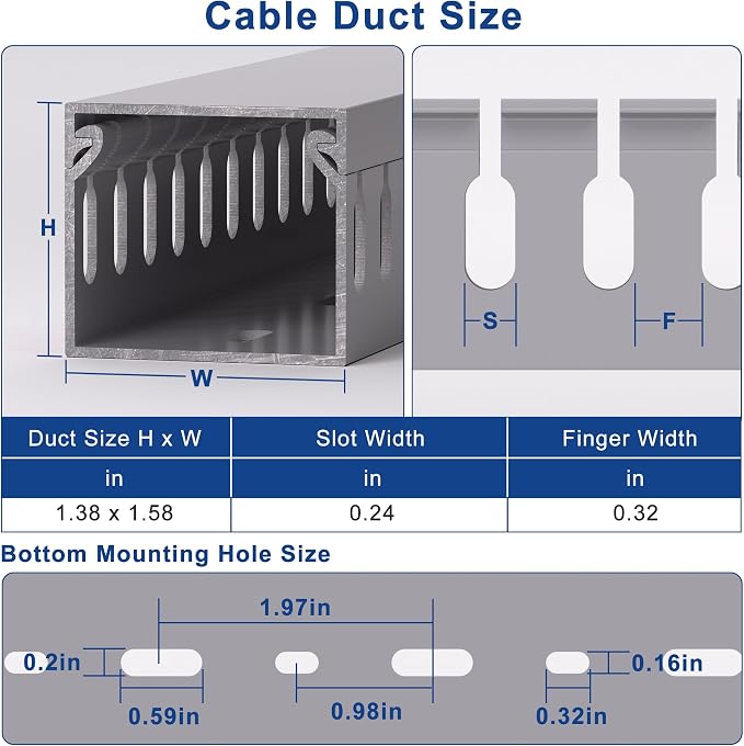 1.4"H x 1.6"W Cable Raceway, 66in Under Desk Wire Management Channel, Grey | Slotted Wire Duct, 4Pack, 16.5in Each, Heavy-Duty PVC Cable Management for Server Racks, Network Cables & Electrical Cabinets - Image 2