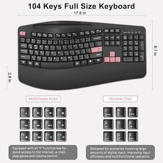 Wireless Keyboard and Mouse Combo, Full Size Ergonomic Wave Keys(Pink-B) | 2.4G Ergonomic Keyboard with Wrist Rest, Phone Holder, 3-Level DPI Silent Mouse with 6-Buttons, for Windows/Mac OS/Laptop/PC - Image 7