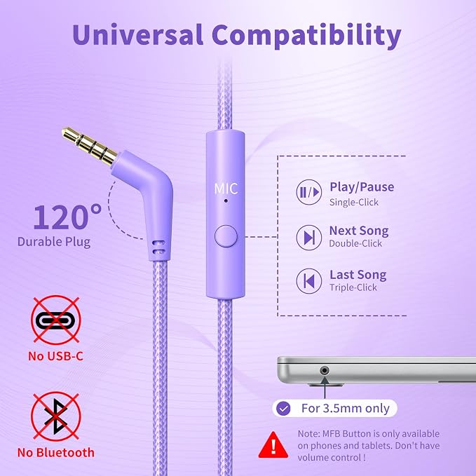 Botesty Sound Headphones Wired with Microphone, Over Ear Foldable 3.5mm Plug in Headphones with 4.9ft Tangle-Free Nylon Cord for Tablet, Laptop, MP3/4, School, Airplane Travel (Purple) - Image 5