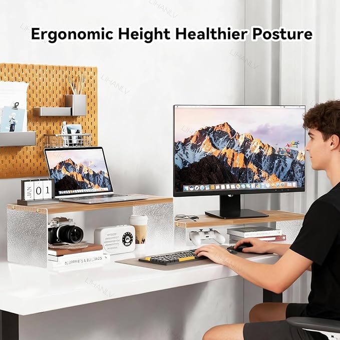 YGYQZ Adjustable Monitor Stand Riser, 7.67"×19.3" Dual Monitor Desk Stand | Adjustable Monitor Riser, Expandable Desk Organizer, 2-Tier Storage, Acrylic Legs, Ergonomic Workspace, Wood Glacial Striae - Image 5