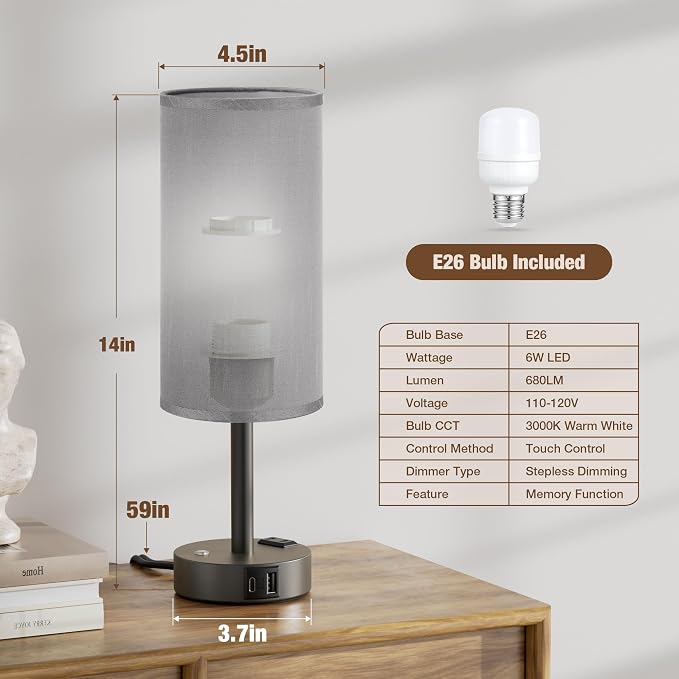 Grey Touch Bedside Lamp for Bedroom, Stepless Dimmable, USB A+C, AC Outlet | Base Touch Button Only, Memory Brightness, Ultra-dim Night Light, Included Bulb for Optimal Dimming, Grey Fabric Shade, Desk - Image 6