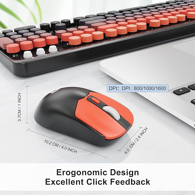 Wireless Keyboard and Mouse Combo, 104 Round Keys Cute Colorful Keyboard and Mouse with Retro Typewriter for PC/Mac/Laptop/Tablet/Computer/Windows Black Red - Image 4