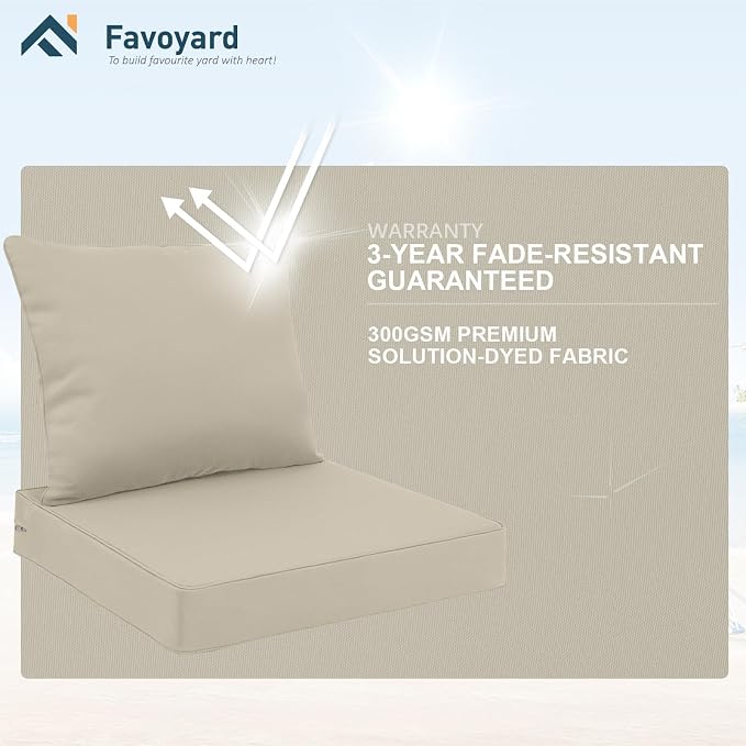 Favoyard Outdoor Patio Seat Cushions Set, 24 x 24 Inch, Waterproof, Beige | Fade-Resistant, Removable Cover, Deep Seat & Back Cushion, Tie Straps for Patio Furniture, Garden, Rocking Chair, Sofa Couch - Image 5