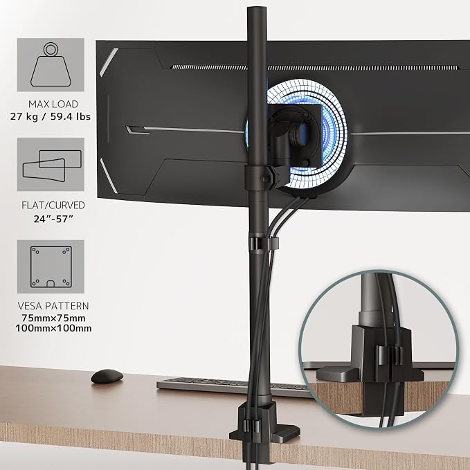 24-57'' Ultrawide Monitor Desk Mount, Extra Tall Aluminum Monitor Arm | Low Profile, Topside Clamp/Grommet Mounting, Tilt, Swivel, Rotate, Holds up to 59.4lbs, VESA 75x75/100x100 mm, Black - Image 4